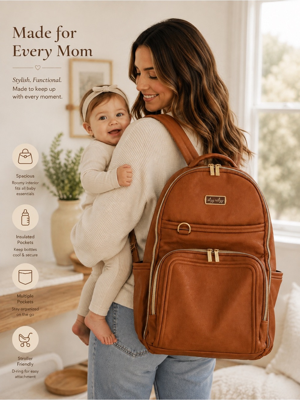 Itzy Ritzy Tan Vegan Leather Backpack Diaper Bag